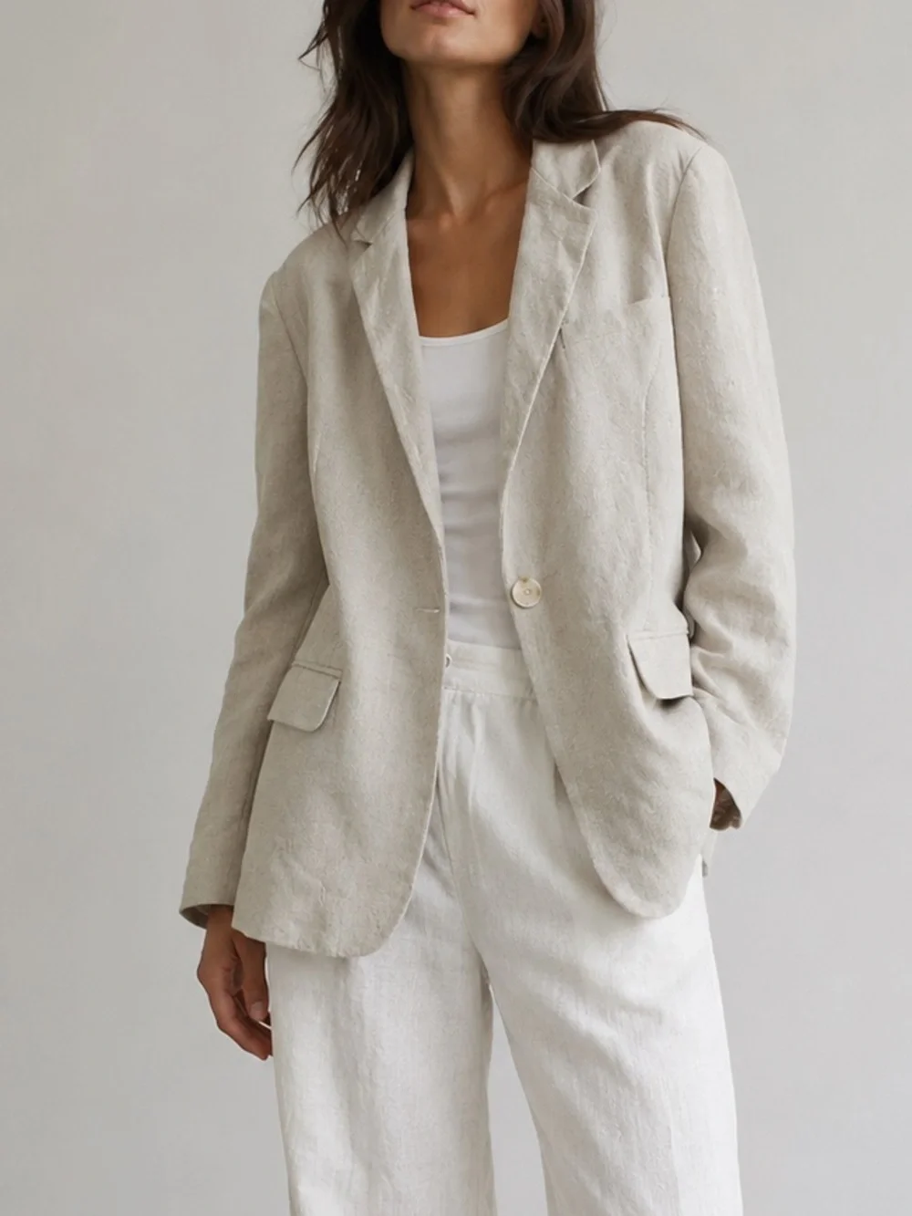 Free People Linen Blend Oversized Cream Boho Chic Minimalist Jacket Blazer